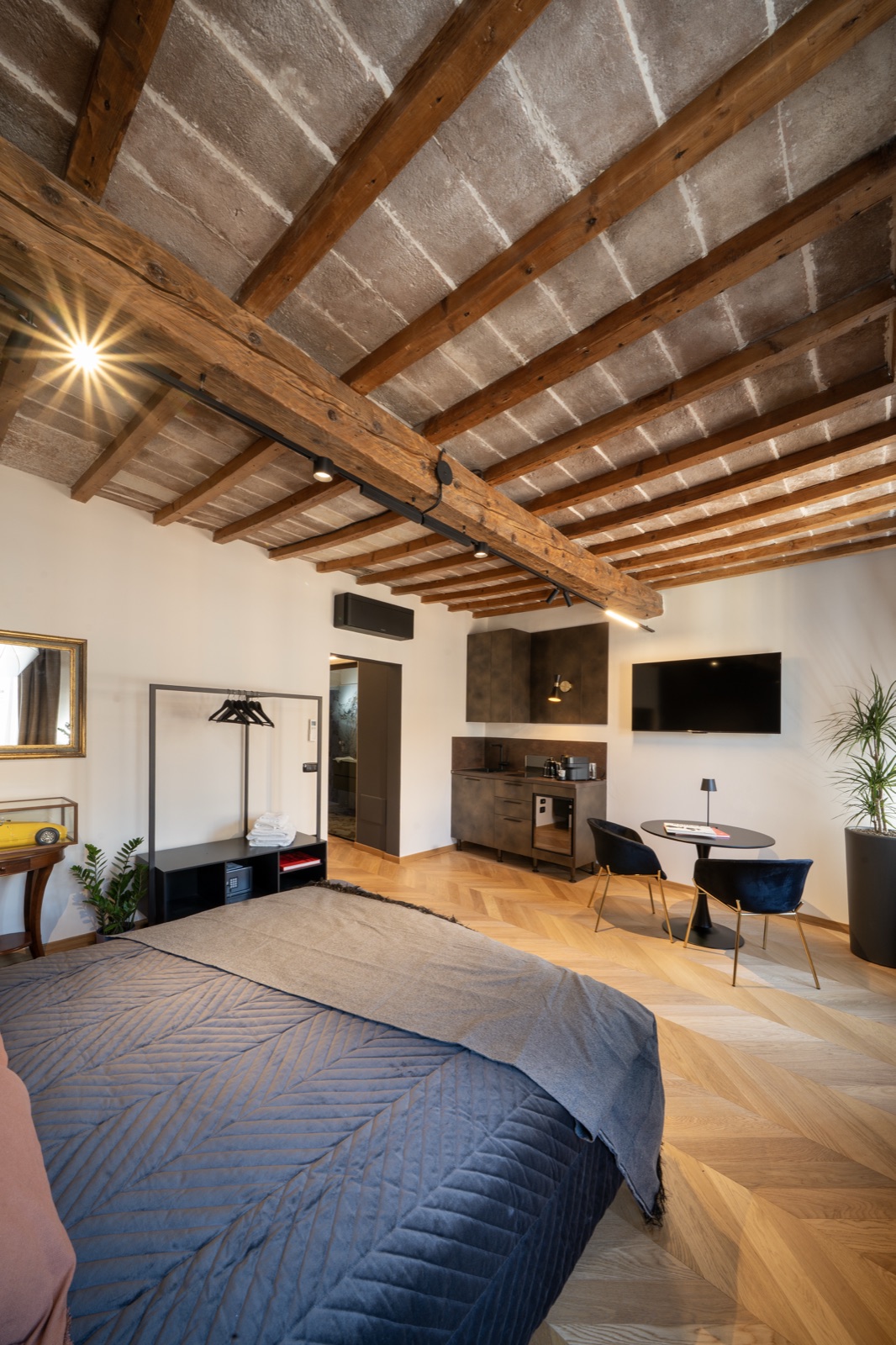 La suite per intero: letto, angolo cucina, televisore e piante